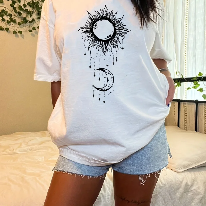 Sixsr Sun & Moon Graphic Print T-Shirt, Casual Crew Neck T-Shirt For Spring & Summer, Women's Clothing