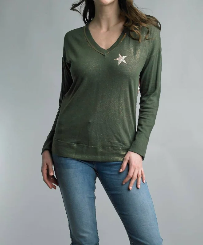 Sparkly Star Leopard Print Back Top In Olive