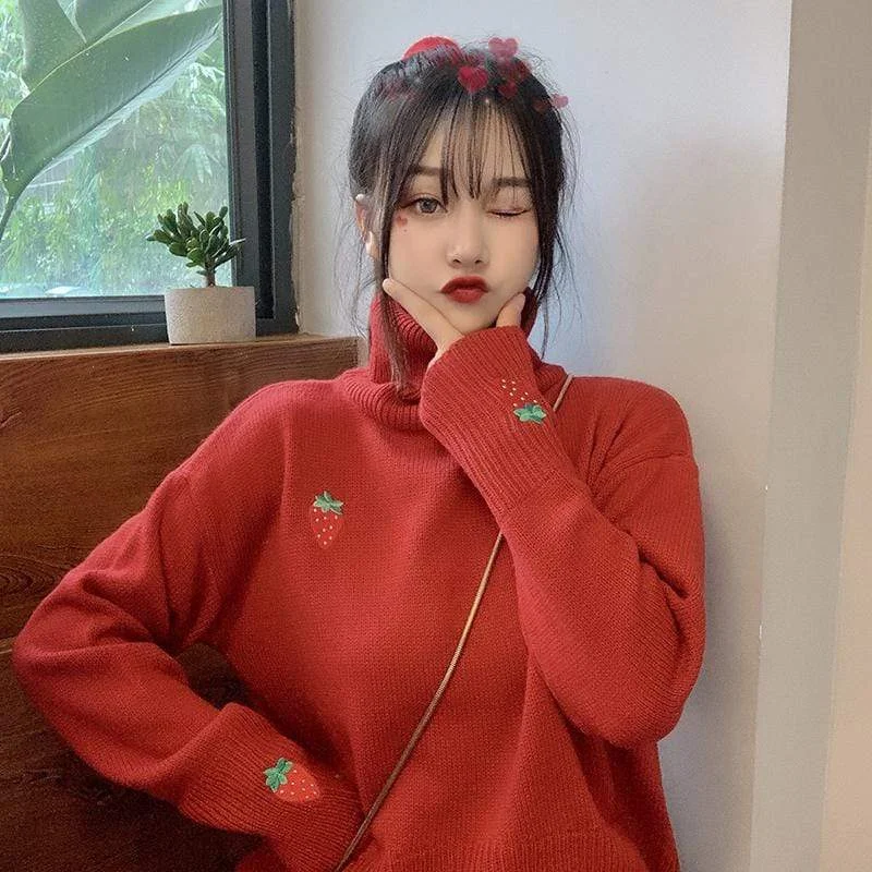 Strawberry Embroidered Turtleneck Sweater