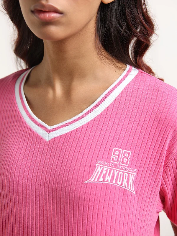 Studiofit Pink Cotton Blend Ribbed T-Shirt