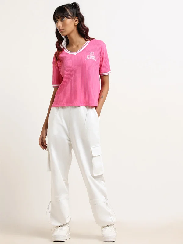 Studiofit Pink Cotton Blend Ribbed T-Shirt