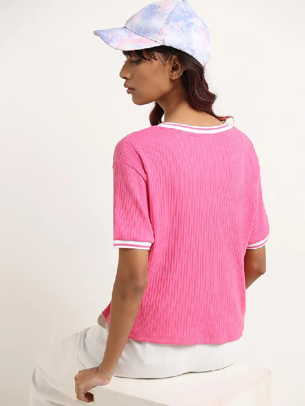 Studiofit Pink Cotton Blend Ribbed T-Shirt