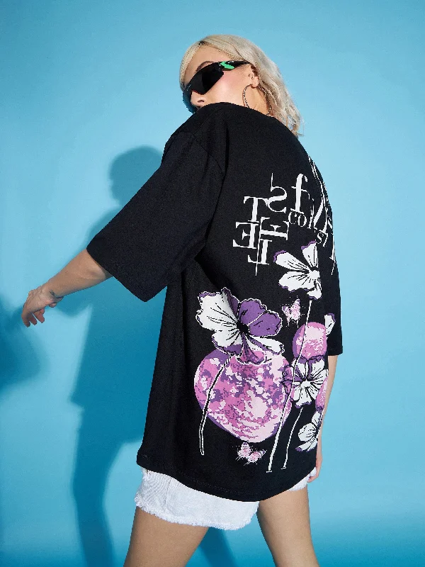 Women Black Floral Printed Oversized T-Shirt