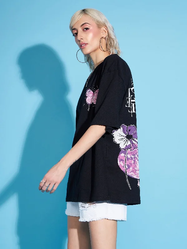 Women Black Floral Printed Oversized T-Shirt