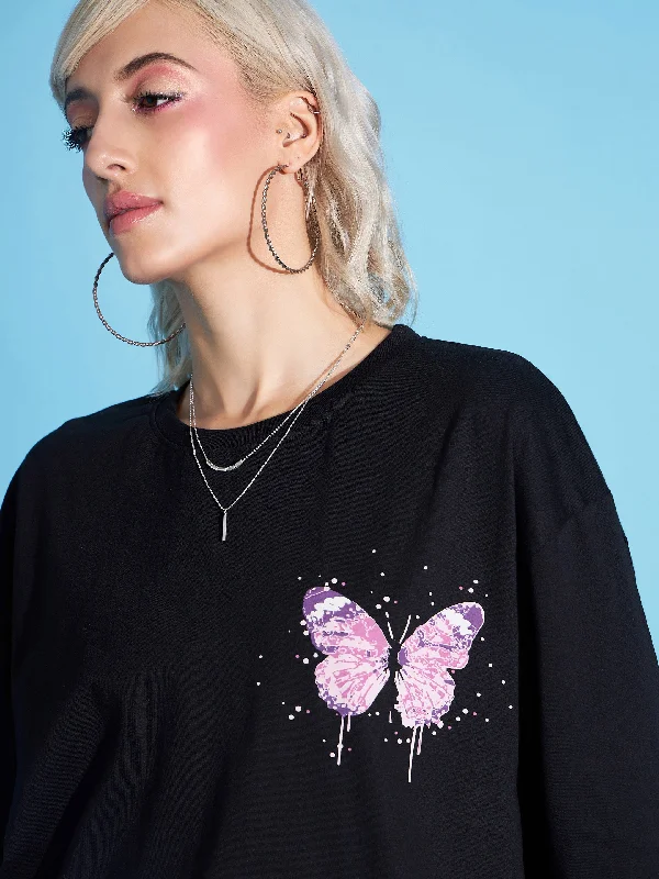 Women Black Floral Printed Oversized T-Shirt