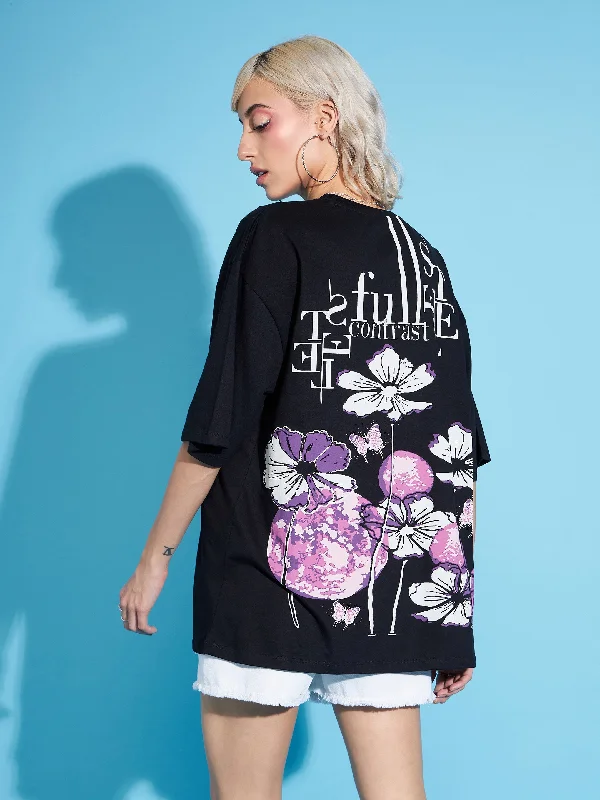 Women Black Floral Printed Oversized T-Shirt