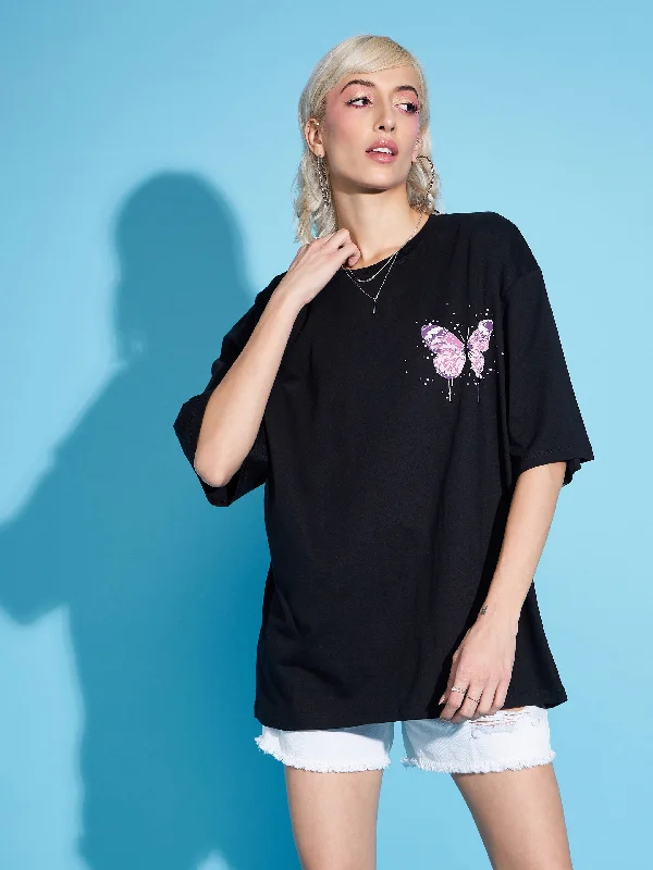 Women Black Floral Printed Oversized T-Shirt