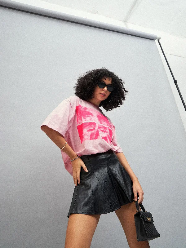 Women Pastel Pink Photographic Print Oversized T-shirt