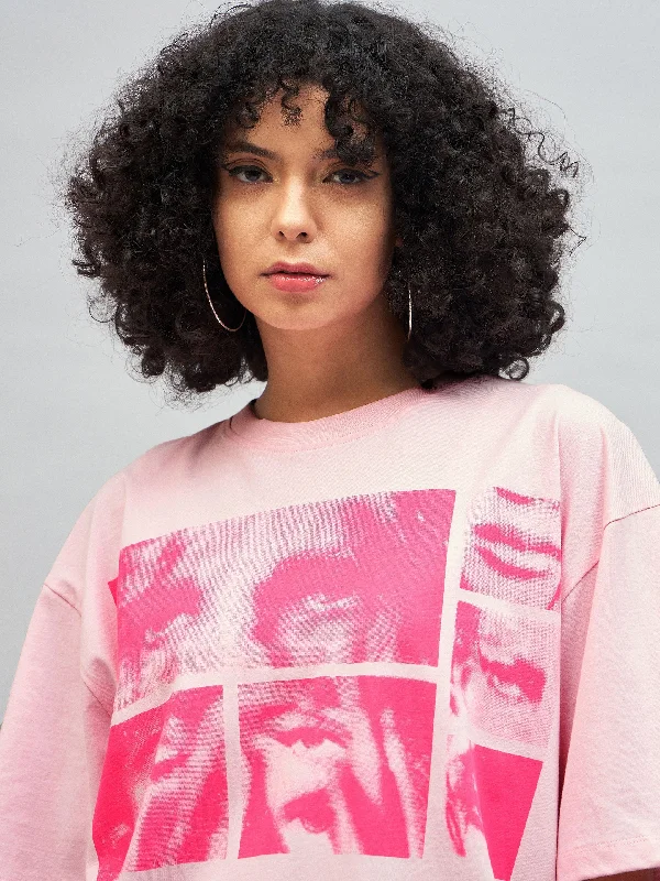 Women Pastel Pink Photographic Print Oversized T-shirt