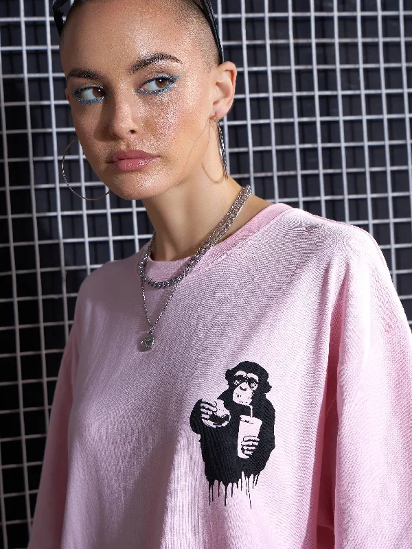 Women Pink ADDICTED Printed Oversize T-Shirt