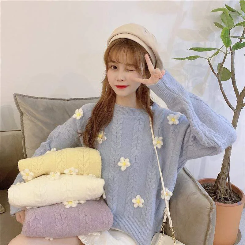 Women's Kawaii Floral Pure Color Autumn Sweaters