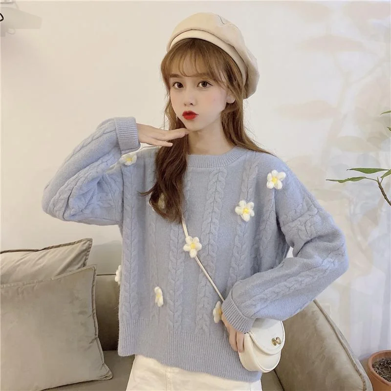 Women's Kawaii Floral Pure Color Autumn Sweaters