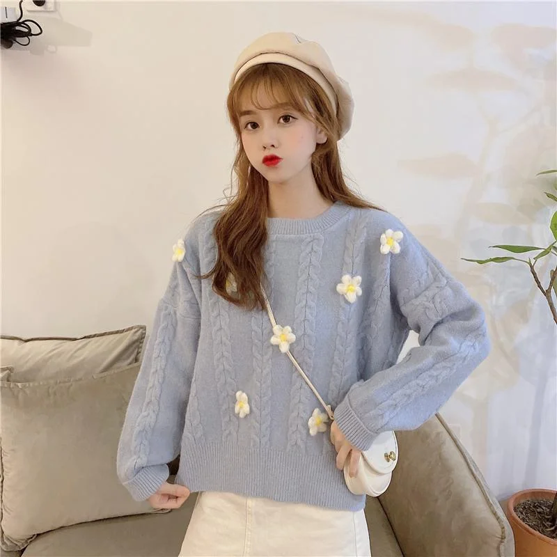 Women's Kawaii Floral Pure Color Autumn Sweaters