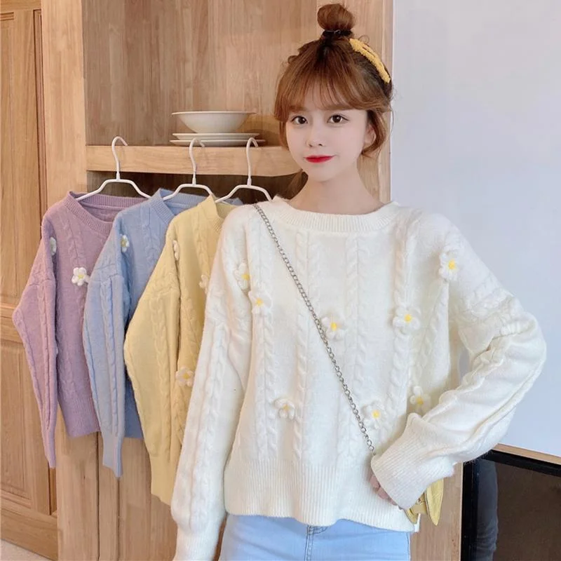 Women's Kawaii Floral Pure Color Autumn Sweaters