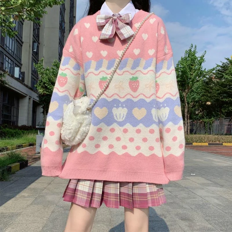 Women's Kawaii Strawberry And Heart Striped Embroidered Loose Sweaters