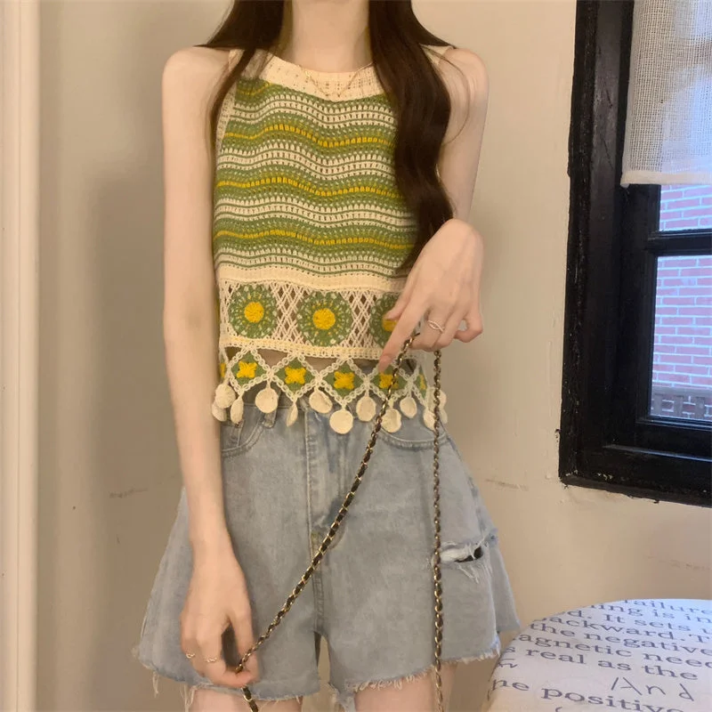 Women's Kawaii Tassels Floral Knitted Tank Top