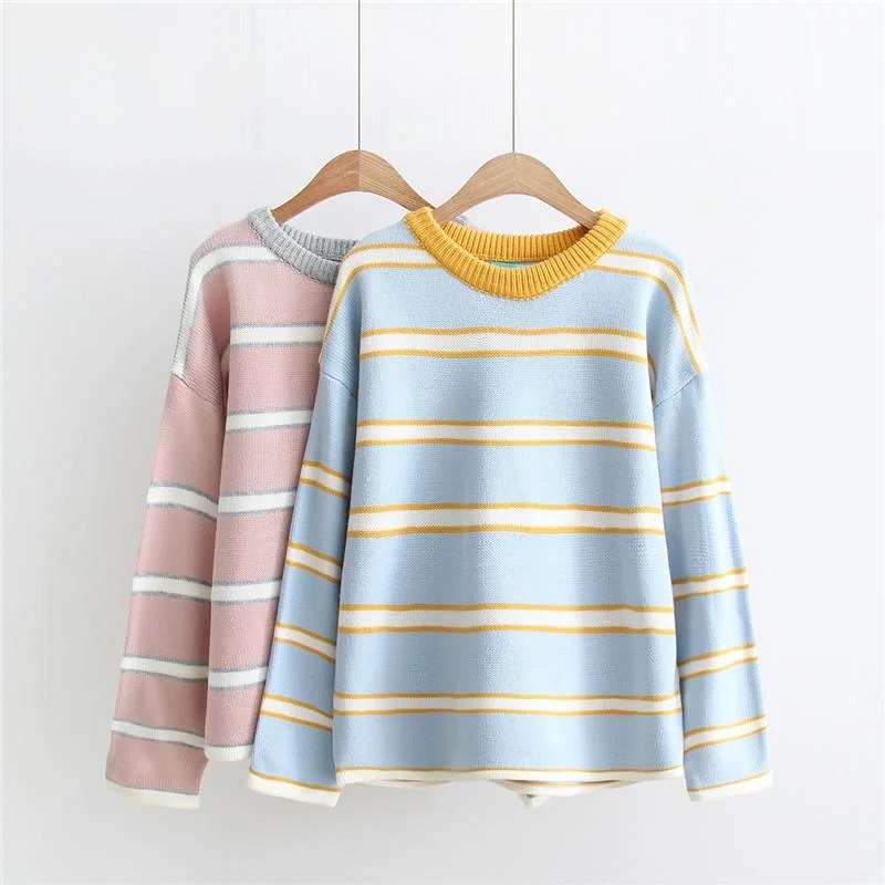 Women's Korean Fashion Contrast Color Striped Sweaters