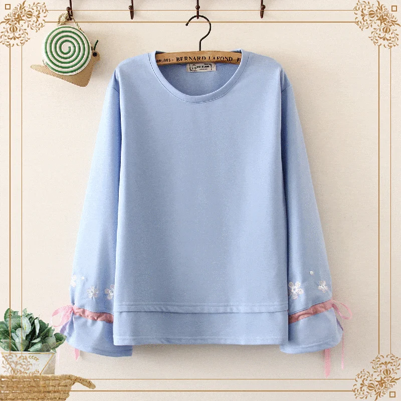 Women's Korean Fashion Floral Lace-up Sleeved Sweaters 