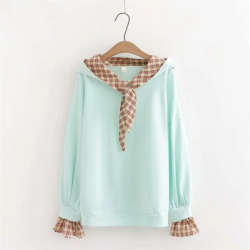 Women's Korean Fashion Pure Color Sweaters Splicing Plaid Shirts