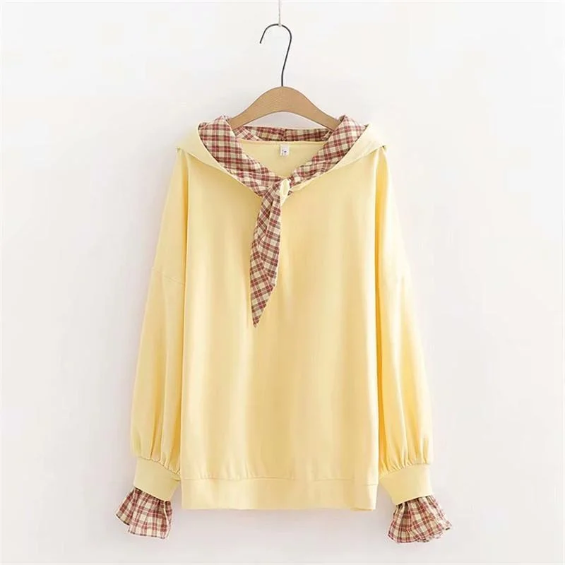 Women's Korean Fashion Pure Color Sweaters Splicing Plaid Shirts